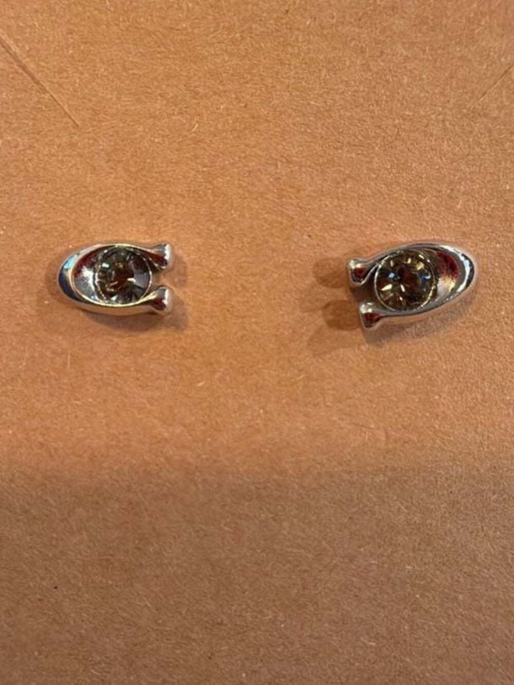 Coach Signature C Stone Stud Earrings Silver Tone Brown Crystal
